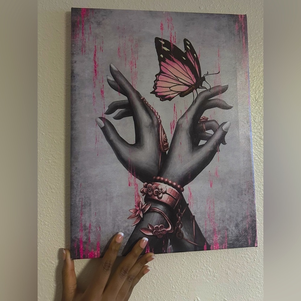 Pink Butterfly and Hands Canvas Art